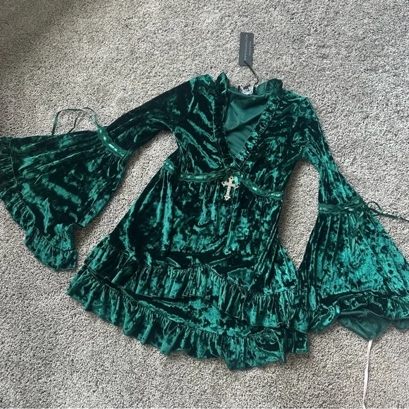 Dolls Kill Green Velvet Mini Dress - Picture 1 of 5